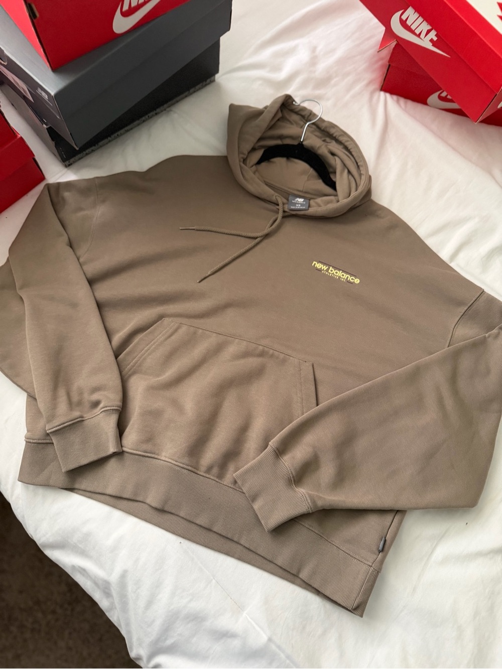 New Balance Men's Taupe Pullover Hoodie with Yellow Logo